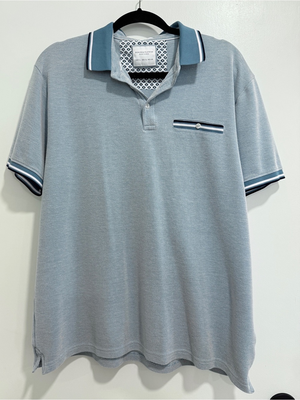 Denim & Flower Light Blue Polo with Navy Contrast Trim